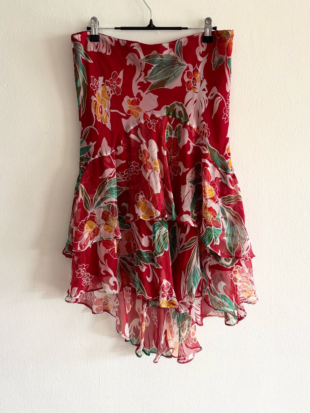 vintage 2000s ECI 100% silk red floral asymmetrical mesh ruffle midi skirt